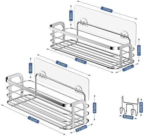 Avoalre Adhesivo Estante Ducha Baño Cocina Organizador Estanteria Cesta Acero Inoxidable Sus 304 con Gancho Extraíble sin Taladro, 2 Unidades, Color Plata