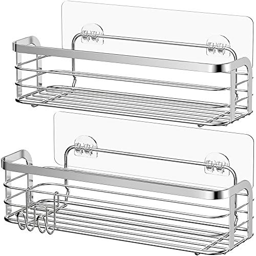 Avoalre Adhesivo Estante Ducha Baño Cocina Organizador Estanteria Cesta Acero Inoxidable Sus 304 con Gancho Extraíble sin Taladro, 2 Unidades, Color Plata