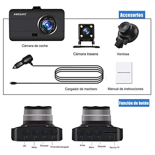 AWESAFE Cámara de Coche Dash CAM 1080P con Cámara Trasera Full HD 170 Ángulo con WDR G-Sensor, Detección de Movimiento, Grabación en Bucle, Visión Nocturna, Monitor de Aparcamiento