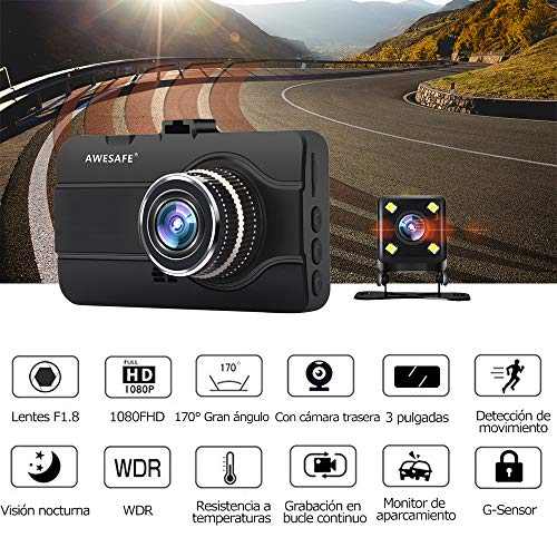 AWESAFE Cámara de Coche Dash CAM 1080P con Cámara Trasera Full HD 170 Ángulo con WDR G-Sensor, Detección de Movimiento, Grabación en Bucle, Visión Nocturna, Monitor de Aparcamiento