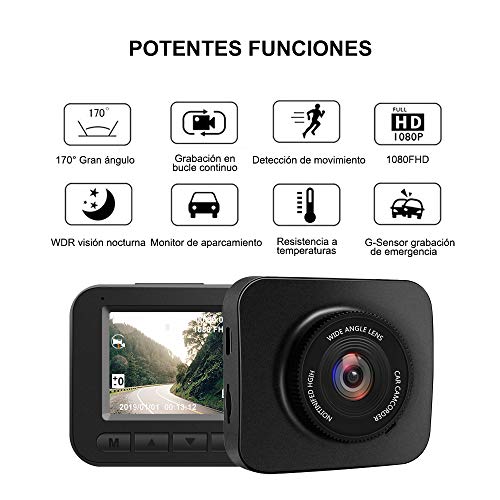 AWESAFE Cámara de Coche Dash CAM 1080P Full HD 170 Ángulo con WDR G-Sensor, Detección de Movimiento, Grabación en Bucle, Visión Nocturna, Monitor de Aparcamiento