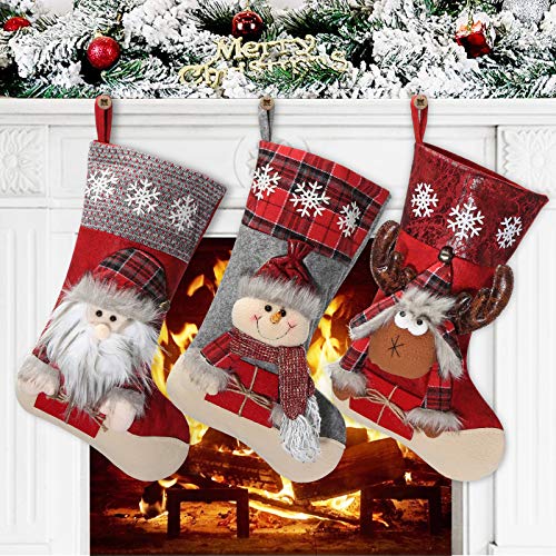 Awroutdoor Medias de Navidad, 3 pcs Calcetines de Navidad para el árbol de Navidad Chimenea Decoración, Adorno de Navidad Bolsa de Dulces, Calcetín de Decoración Navideña para Llenar y Colgar