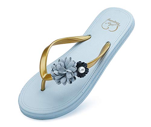 AX BOXING Chanclas Mujer Flip Flop Exquisito Decoración Floral Sandalias Verano Piscinas Playa Interior Al Aire Libre Tamaño 36-41 (Azul, Numeric_36)