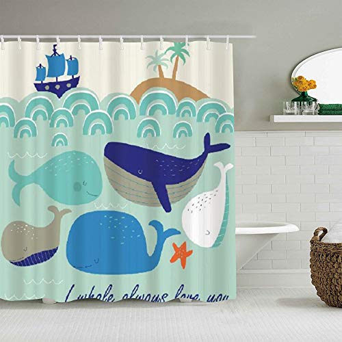 AYISTELU Cortinas de Ducha,Ballena Azul mar Azul Ola Barco Palma de Coco, Cortina de Baño Material de poliéster Resistente al Agua con Ganchos 180 * 180cm AYISTELU Cortinas de Ducha,Ballena Azul mar Azul Ola Barco Palma de Coco, Cortina de Baño Material de poliéster Resistente al Agua con Ganchos 180 * 180cm