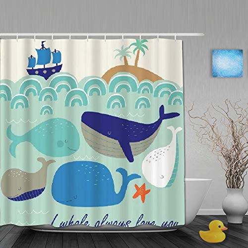 AYISTELU Cortinas de Ducha,Ballena Azul mar Azul Ola Barco Palma de Coco, Cortina de Baño Material de poliéster Resistente al Agua con Ganchos 180 * 180cm