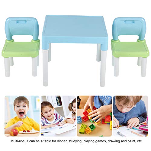 Aynefy - Conjunto de mesa y sillas infantiles de plástico, mesa de estudio de plástico para guardería, multifuncional, para bebé, 1 mesa + 2 sillas (azul + verde)