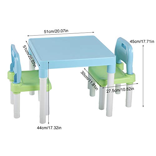 Aynefy - Conjunto de mesa y sillas infantiles de plástico, mesa de estudio de plástico para guardería, multifuncional, para bebé, 1 mesa + 2 sillas (azul + verde)