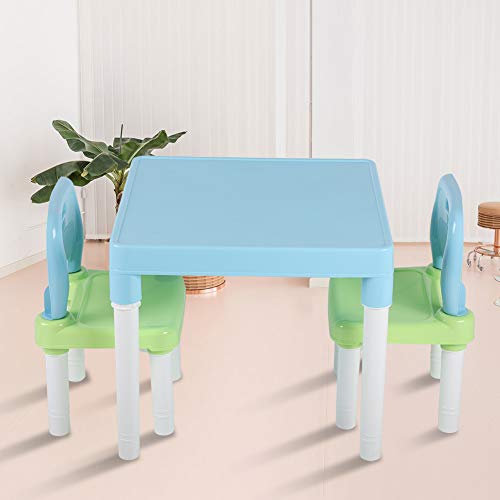 Aynefy - Conjunto de mesa y sillas infantiles de plástico, mesa de estudio de plástico para guardería, multifuncional, para bebé, 1 mesa + 2 sillas (azul + verde)