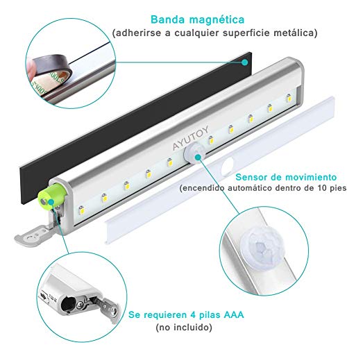 AYUTOY Luces LED Armario con Sensor Movimiento, Lamparas Led a Pilas, Luz Nocturna con Barras Led, Iluminacion Luz sin cables Portatil para Habitacion, Pasillo, Escalera, Cocina