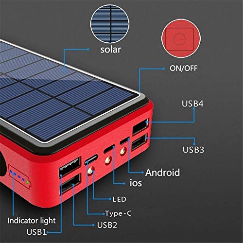 AZD 100000mAh Power Bank Cargador inalámbrico Solar portátil - batería Externa con indicador de Estado LED, Powerbank de Alta Capacidad, para iPhone, Android, Rojo