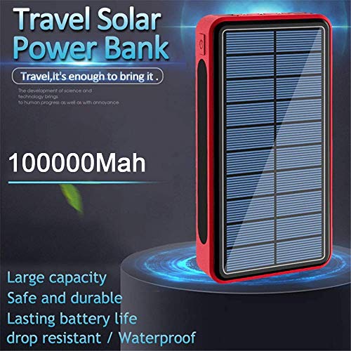 AZD 100000mAh Power Bank Cargador inalámbrico Solar portátil - batería Externa con indicador de Estado LED, Powerbank de Alta Capacidad, para iPhone, Android, Rojo