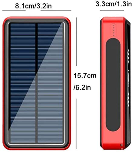 AZD Power Bank Solar 100000Mah Batería Externa Solar con 4 Puertos 3 Salidas USB & QI Carga Inalámbrico Cargador Solar Linterna LED Y para iPhone Android iPad,Rojo,80000mAh