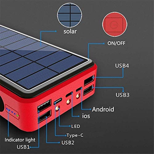 AZD Power Bank Solar 100000Mah Batería Externa Solar con 4 Puertos 3 Salidas USB & QI Carga Inalámbrico Cargador Solar Linterna LED Y para iPhone Android iPad,Rojo,80000mAh