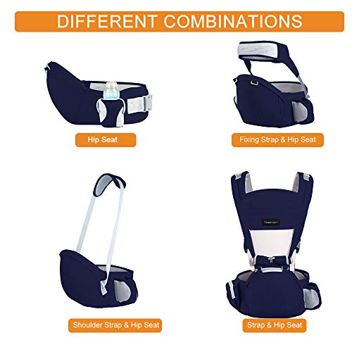 Azeekoom Mochila Portabebés Ergonómica con Asiento de Cadera, Correa de fijación, Baberos, Correa para el Hombro, Capucha para la Cabeza para Niños Pequeños Recién Nacidos 3 a 48 Meses (Azul oscuro)