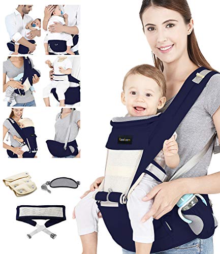 Azeekoom Mochila Portabebés Ergonómica con Asiento de Cadera, Correa de fijación, Baberos, Correa para el Hombro, Capucha para la Cabeza para Niños Pequeños Recién Nacidos 3 a 48 Meses (Azul oscuro)