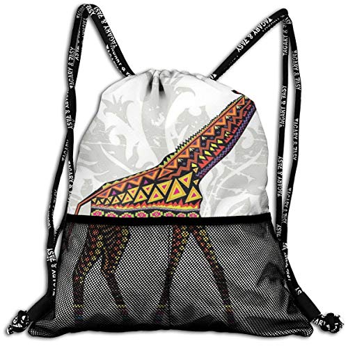 AZXGGV Drawstring Backpack Rucksack Shoulder Bags Gym Bag Sport Bag，African Savannah Giraffe Ethnic Ornament Patterns On Body Tall Creature Print