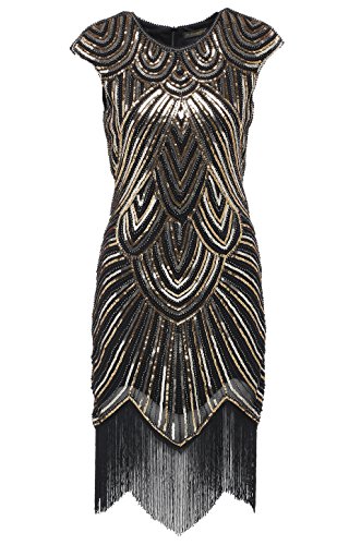 BABEYOND Vestidos de Aleta de Mujer 1920 Vestido de Flecos de Gran Gatsby (Oro Negro, S/ UK8-10/ EU36-38)