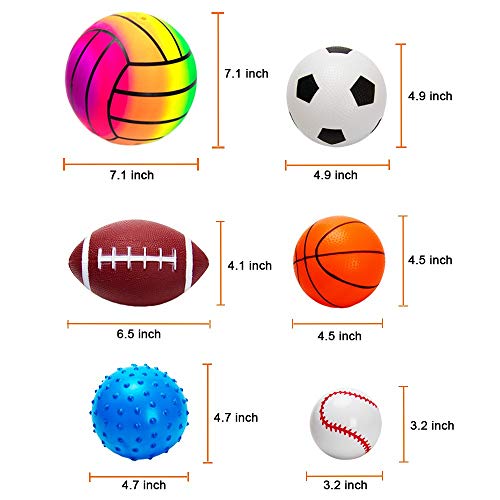 BACIVIC - 6 pelotas de juguete, Softball para los más pequeños, baloncesto, fútbol, tenis, alivio del estrés para niños, con bomba, para bebés a partir de 3 meses, multicolor