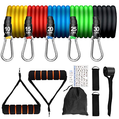 BACKTURE Bandas Elásticas de Resistencia, 11Pcs Juego de Bandas de Fitness con 5 Tubos de Látex, Asas, Correas de Tobillo y Anclaje para Puerta, Adecuado para Fitness, Fuerza, Pérdida de Peso, Yoga