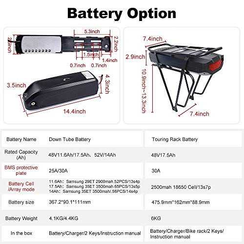 Bafang Bicicleta eléctrica BBS01B 48V 750W Kit de conversión de Bicicleta de montaña con Motor Central Bicicleta de EBike con batería de 48V 11.6/17.5Ah Hailong/Portaequipajes Batería