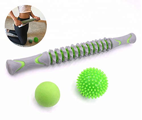 Bafeat Pro | Rodillo de masaje muscular palo con 2 pelotas Lacrosse | Liberación miofascial | Set completo para dolor de pies, piernas, espalda y cuello.+ Ebook con instrucciones de uso.