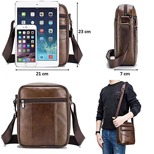 BAGZY Bolso de Hombro de Cuero para Hombre Bolsa de Mensajero Crossbody Cartera Bolso Mango Superior Viajar Maletín Bolsa de Negocios Bandolera Bolso para la Tableta iPad Marrón