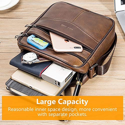 BAGZY Bolso de Hombro de Cuero para Hombre Bolsa de Mensajero Crossbody Cartera Bolso Mango Superior Viajar Maletín Bolsa de Negocios Bandolera Bolso para la Tableta iPad Marrón