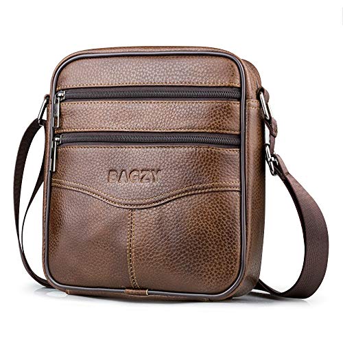 BAGZY Bolso de Hombro de Cuero para Hombre Bolsa de Mensajero Crossbody Cartera Bolso Mango Superior Viajar Maletín Bolsa de Negocios Bandolera Bolso para la Tableta iPad Marrón