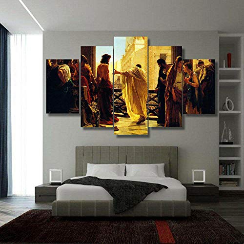 baixiangguo Jesús Cristiano Juzgado por Pilato Cristo Canvas Prints Obra De 5 Paneles Abstractos Imágenes A Foto Impreso En Lienzo Arte De La Pared para Decoración De Oficina(con Marco) -150 x 80 cm