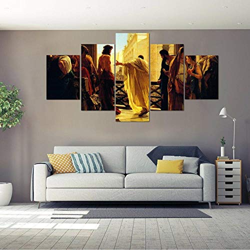 baixiangguo Jesús Cristiano Juzgado por Pilato Cristo Canvas Prints Obra De 5 Paneles Abstractos Imágenes A Foto Impreso En Lienzo Arte De La Pared para Decoración De Oficina(con Marco) -150 x 80 cm