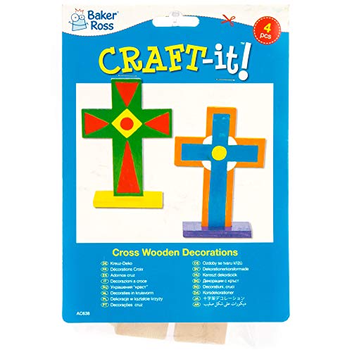 Baker Ross Cruces de Madera con Soporte que los Niños Pueden Pintar y Decorar en Semana Santa - Kit de Manualidades Creativas con Madera para Niños/Adultos (Pack de 4), Multicolor