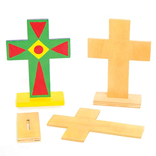 Baker Ross Cruces de Madera con Soporte que los Niños Pueden Pintar y Decorar en Semana Santa - Kit de Manualidades Creativas con Madera para Niños/Adultos (Pack de 4), Multicolor