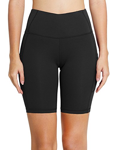 BALEAF - Malla compresiva corta con cintura alta y bolsillos laterales para mujer; para practicar yoga, ciclismo, running. Tallas normales y grandes - Negro - Small