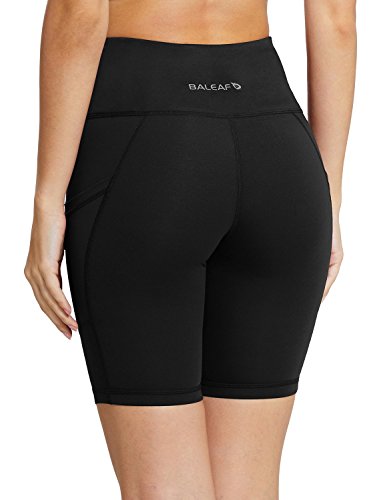 BALEAF - Malla compresiva corta con cintura alta y bolsillos laterales para mujer; para practicar yoga, ciclismo, running. Tallas normales y grandes - Negro - Small