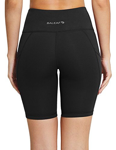 BALEAF - Malla compresiva corta con cintura alta y bolsillos laterales para mujer; para practicar yoga, ciclismo, running. Tallas normales y grandes - Negro - Small