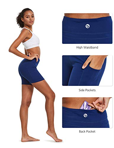 BALEAF Pantalones cortos de compresión para mujer, de 20,32 cm, 5 cm, cintura alta, para entrenamiento, motociclista, yoga, correr, ejercicio, bolsillos laterales (tamaño regular/grande) - azul - S