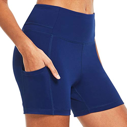 BALEAF Pantalones cortos de compresión para mujer, de 20,32 cm, 5 cm, cintura alta, para entrenamiento, motociclista, yoga, correr, ejercicio, bolsillos laterales (tamaño regular/grande) - azul - S
