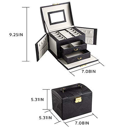 BalladHome Caja Joyero Caja para Joyas Organizador de Joyas con 2 Cajones Caja de joyería con Cerradura y Espejo,Portátil, para Pendientes, Pulseras, Anillos, Regalos Navidad-Negro-S