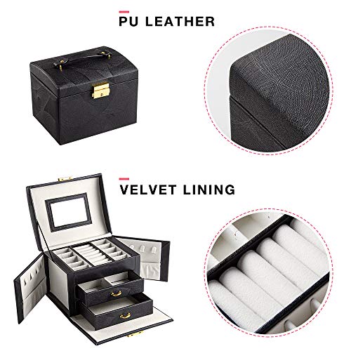 BalladHome Caja Joyero Caja para Joyas Organizador de Joyas con 2 Cajones Caja de joyería con Cerradura y Espejo,Portátil, para Pendientes, Pulseras, Anillos, Regalos Navidad-Negro-S