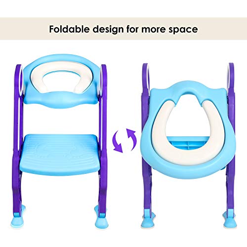 Bamny Adaptador WC Niños con Escalera, Asiento Inodoro Niños Ajustable para Orinal Infantil Formación, Seguro, Antideslizante (Azúl)