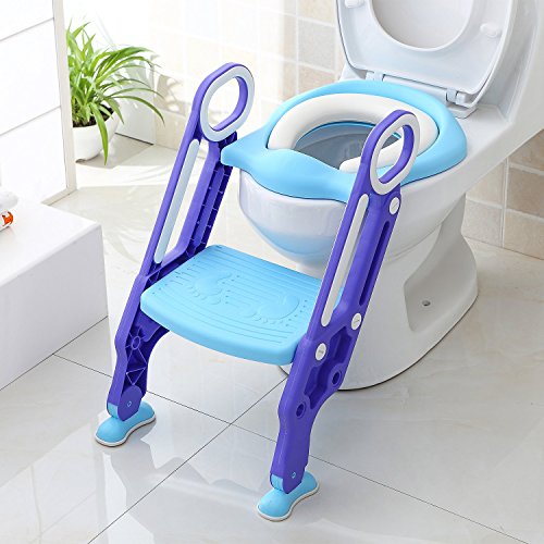 Bamny Adaptador WC Niños con Escalera, Asiento Inodoro Niños Ajustable para Orinal Infantil Formación, Seguro, Antideslizante (Azúl)