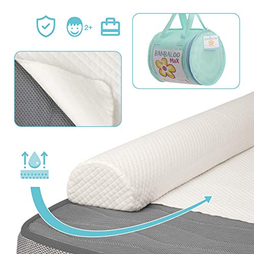 BANBALOO MAX- Barrera de Seguridad Cama Niño – Anticaídas infantil/Barandilla de Espuma Antideslizante con Protector de Colchón Impermeable, para Camas Dobles, Abatibles,90,150 cm y Montessori.