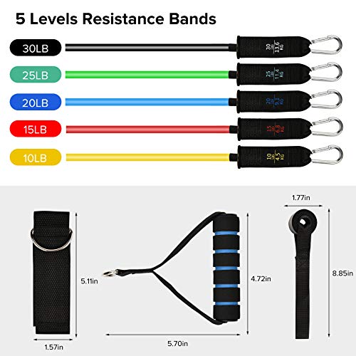 Bandas Elásticas - 12 PCS Látex Conjunto Bandas de Resistencia, 5 Pcsbandas Elasticas Resistencia de Fitness Manijas/Correa de Tobillo/Ancla de Puerta/Bolsa/Toalla Adecuado para Gimnasio en Casa Yoga