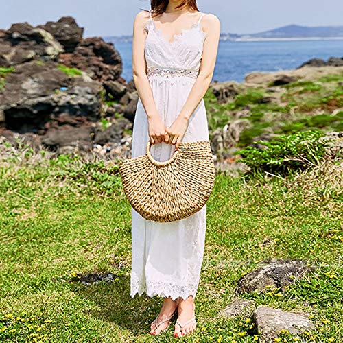 BANGSUN Bolsa de la compra de verano para la playa, bolso de paja para el hombro, color blanco y amarillo