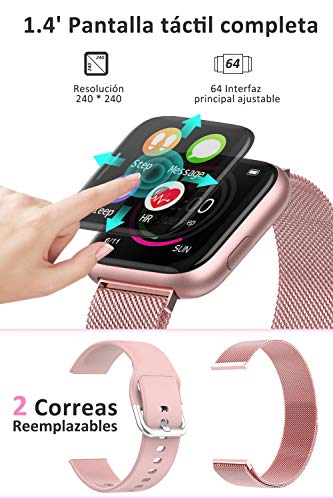 BANLVS Smartwatch, 1.4 Inch Reloj Inteligente IP67 con Pulsómetro Presión Arterial, Monitor de Sueño Podómetro Contador de Caloría, Smartwatch Reloj Inteligente Deporte para Hombre Mujer Rosa