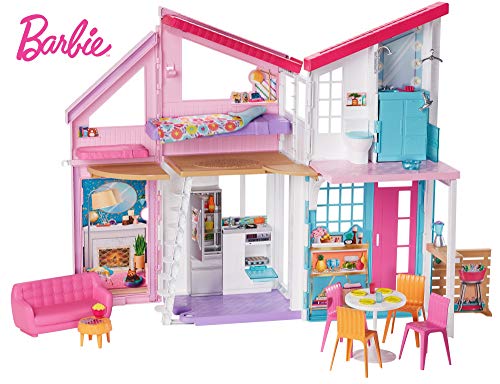 Barbie Casa Malibu, casa de muñecas de dos pisos plegable con muebles y accesorios (Mattel FXG57)
