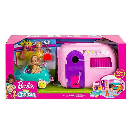 Barbie - Chelsea Muñeca y Su Caravana, con Perrito y Accesorios (Mattel FXG90)