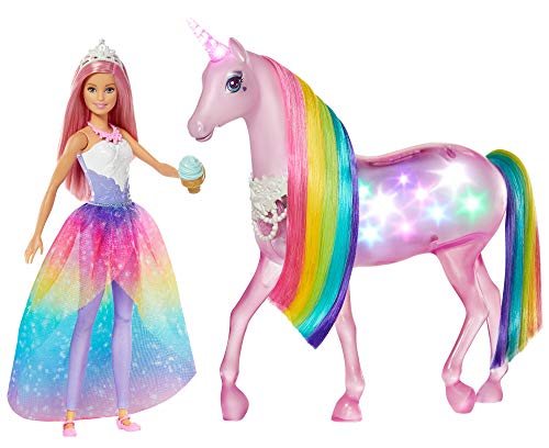 Barbie-FXT26 Barbie Dreamptopia Muñeca con Pelo Rosa y su Unicornio Luces Mágicas (Mattel GLL70), multicolor, Embalaje estándar