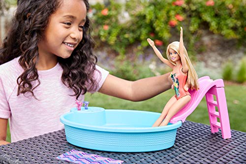Barbie muƱeca rubia de 30 cm con piscina, tobogƔn y accesorios, regalo para niƱas y niƱos 3-9 aƱos (Mattel GHL91) Barbie muƱeca rubia de 30 cm con piscina, tobogƔn y accesorios, regalo para niƱas y niƱos 3-9 aƱos (Mattel GHL91)