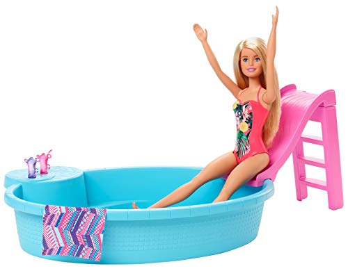 Barbie muñeca rubia de 30 cm con piscina, tobogán y accesorios, regalo para niñas y niños 3-9 años (Mattel GHL91)